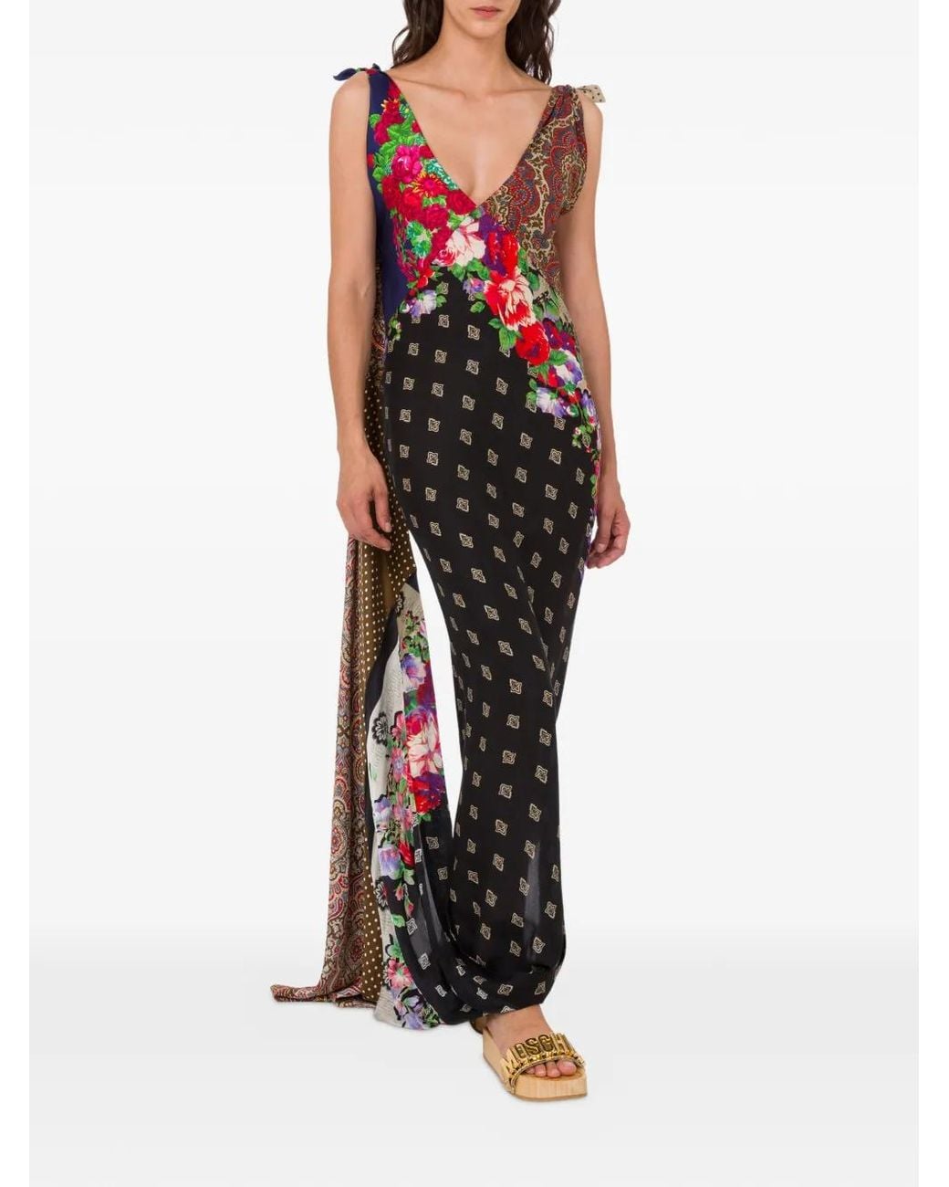 Moschino Black Patchwork Maxi Dress With Deep V-Neckline