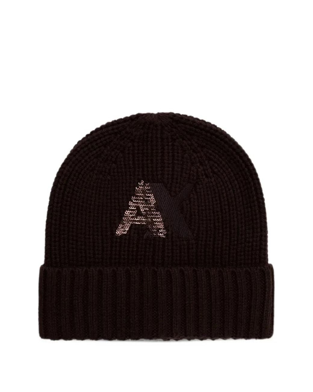 ARMANI EXCHANGE Black Sequin-Logo Ribbed-Knit Beanie Hat