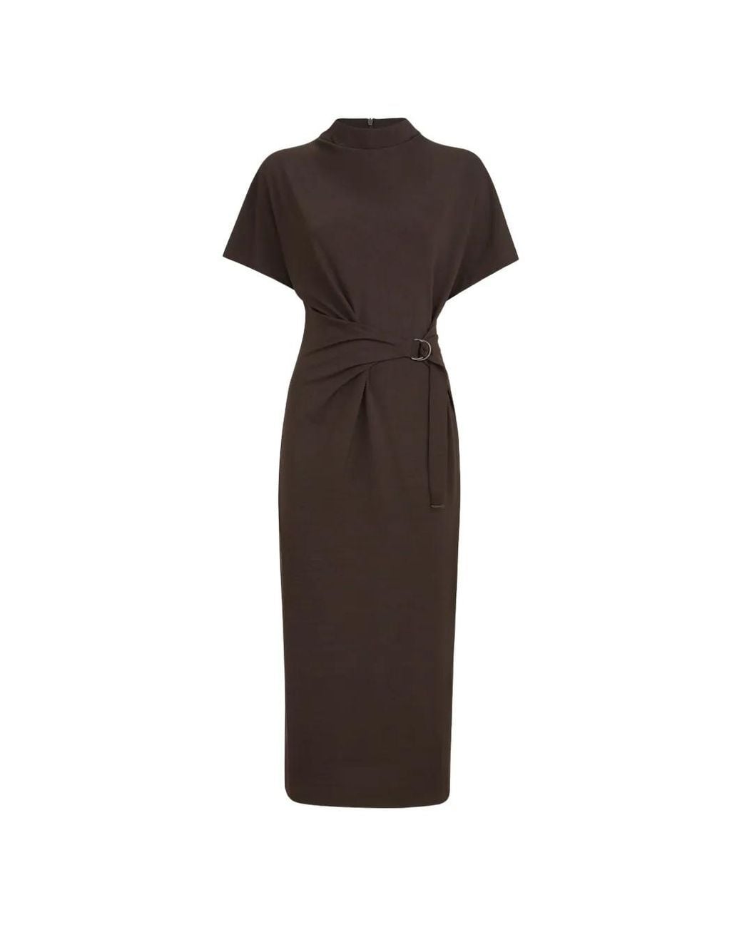 Brunello Cucinelli Brown Techno Wool Jersey Wrap Belt Dress With Monili