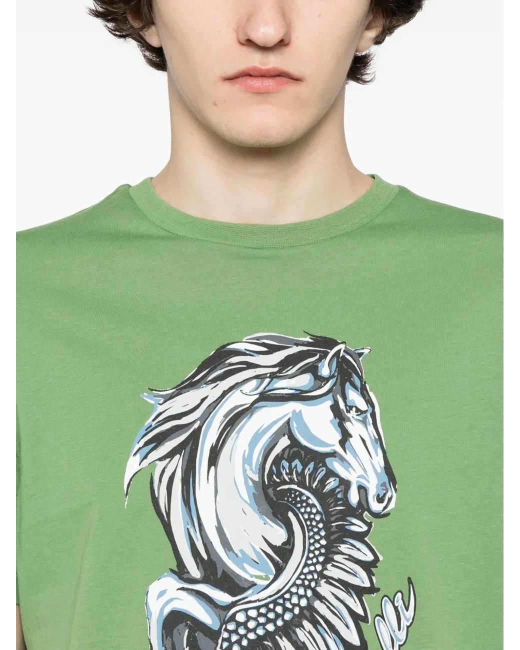 Roberto Cavalli Green Graphic-Print Cotton T-Shirt for men