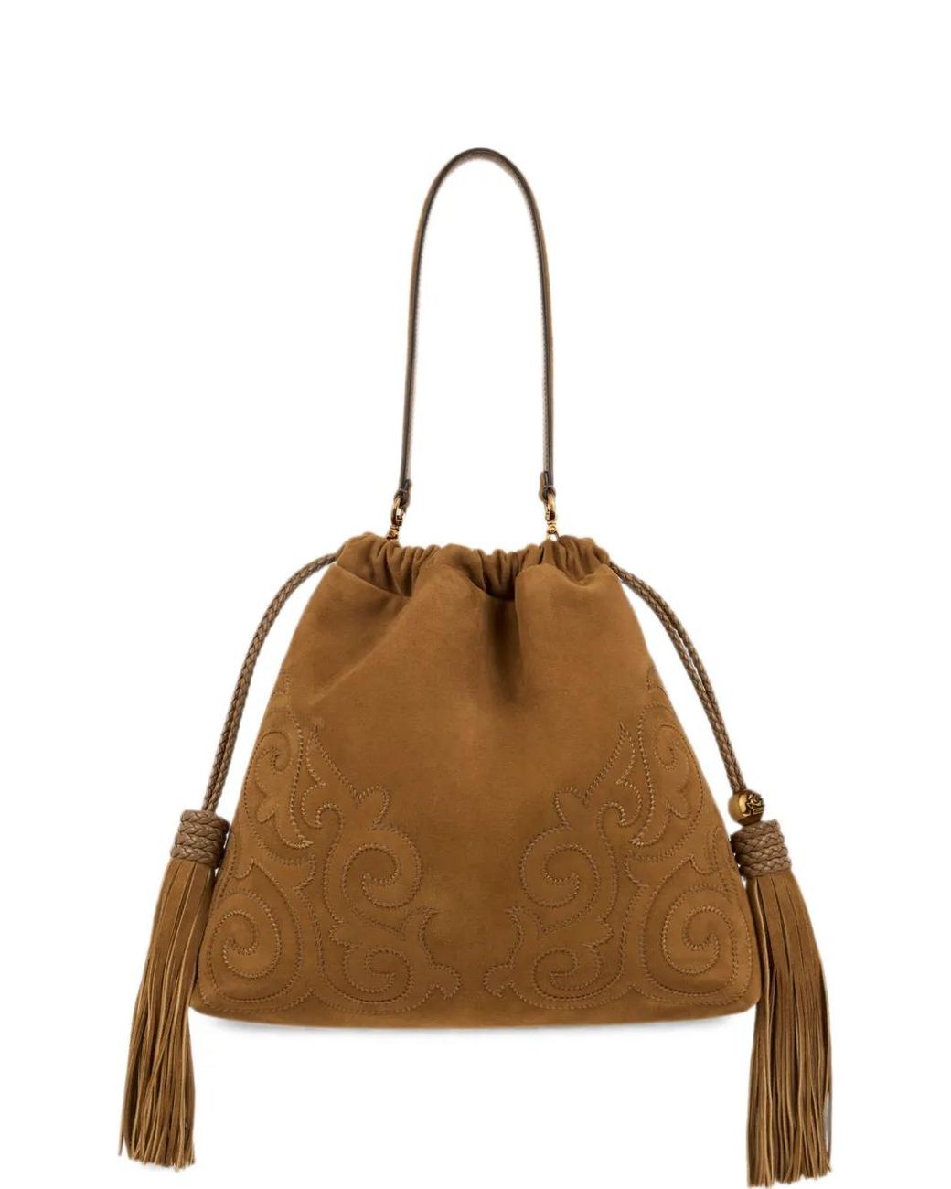 Etro Brown Medium Suede Kalispera Bag With Patch And Tassels