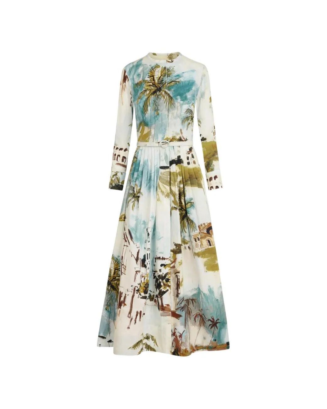 Oscar de la Renta White Dominican Landscape Cotton Poplin Short-Sleeve Dress