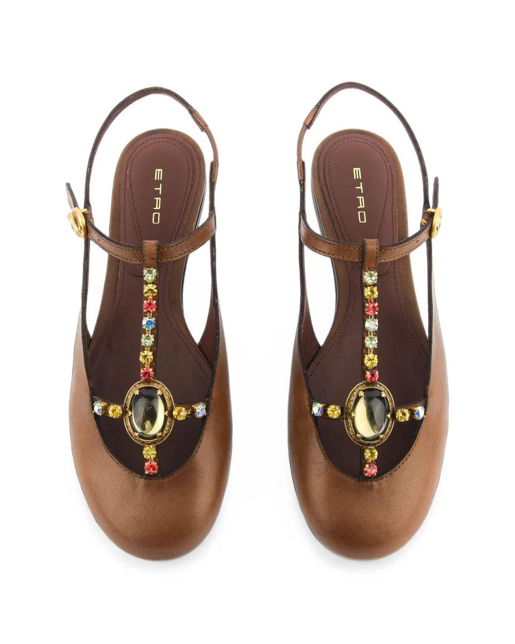 Etro Brown Embellished T-Bar Slingback Ballet Flats