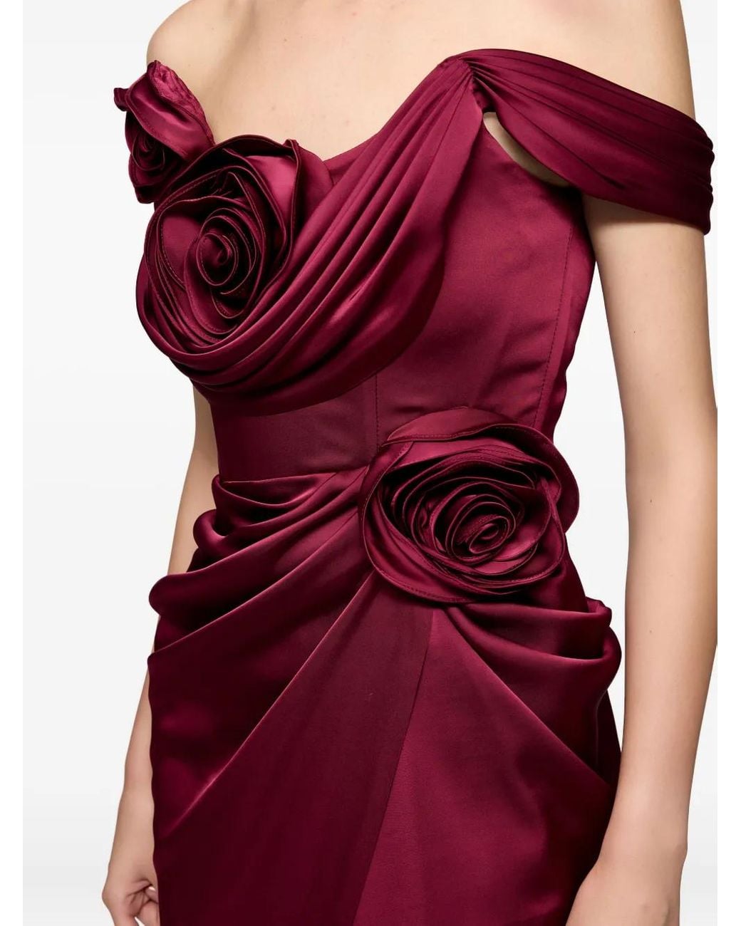Ana Radu Red Floral-Appliqué Draped Gown