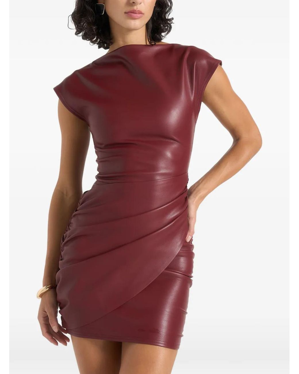 Manière De Voir Red Tina Leather Boat Neck Ruched Dress
