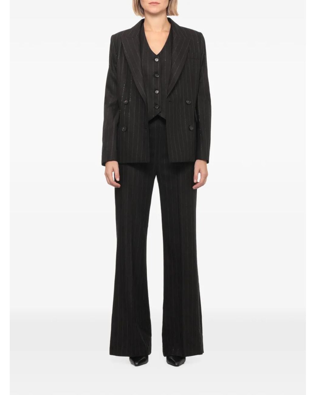 D.exterior Black Double-Breasted Pinstripe-Pattern Jacket