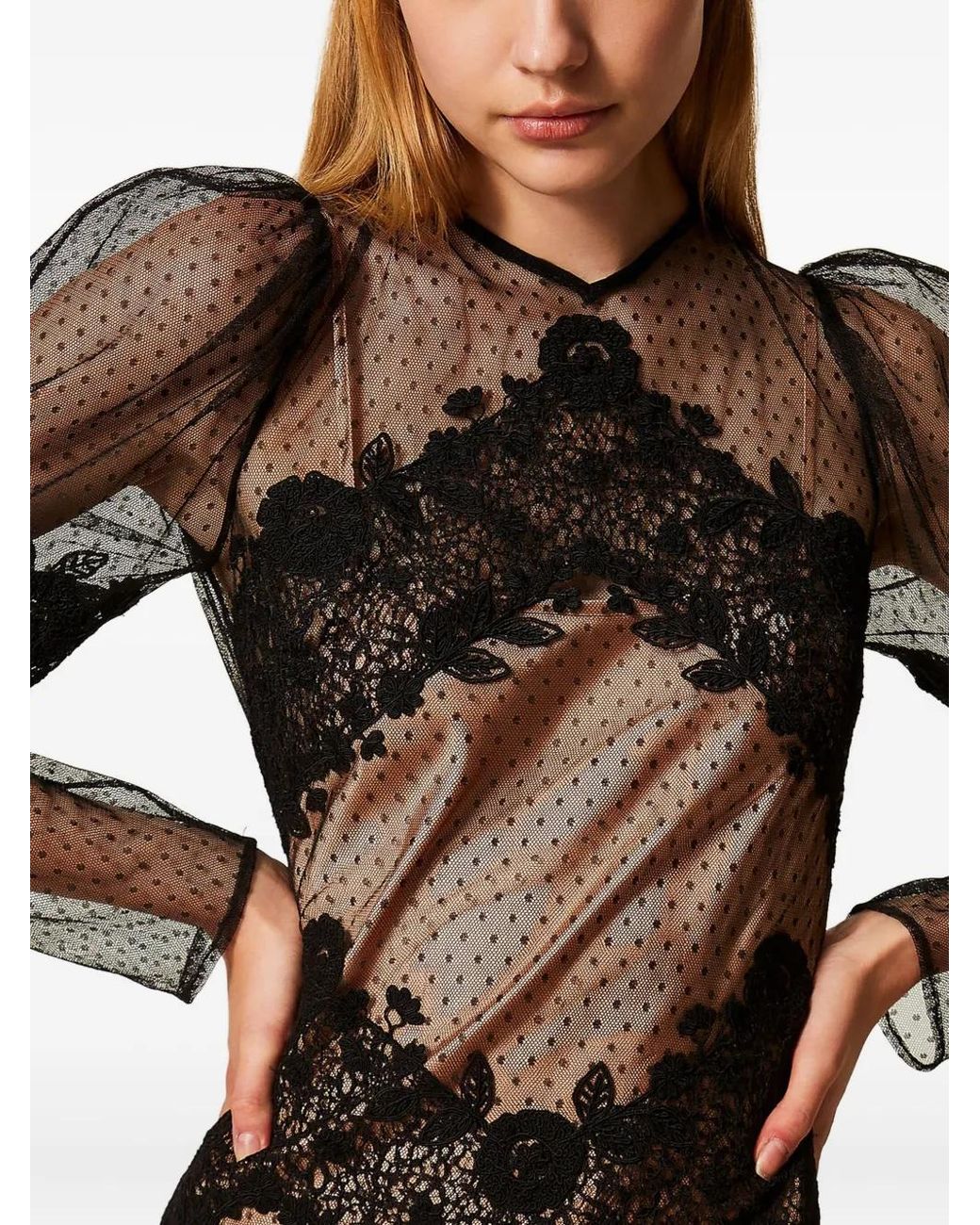 Twinset Black Lace-Detail Tulle Dress