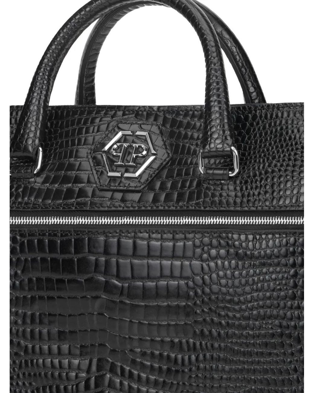 Philipp Plein Black Crocodile Print Logo Patch Laptop Bag for men