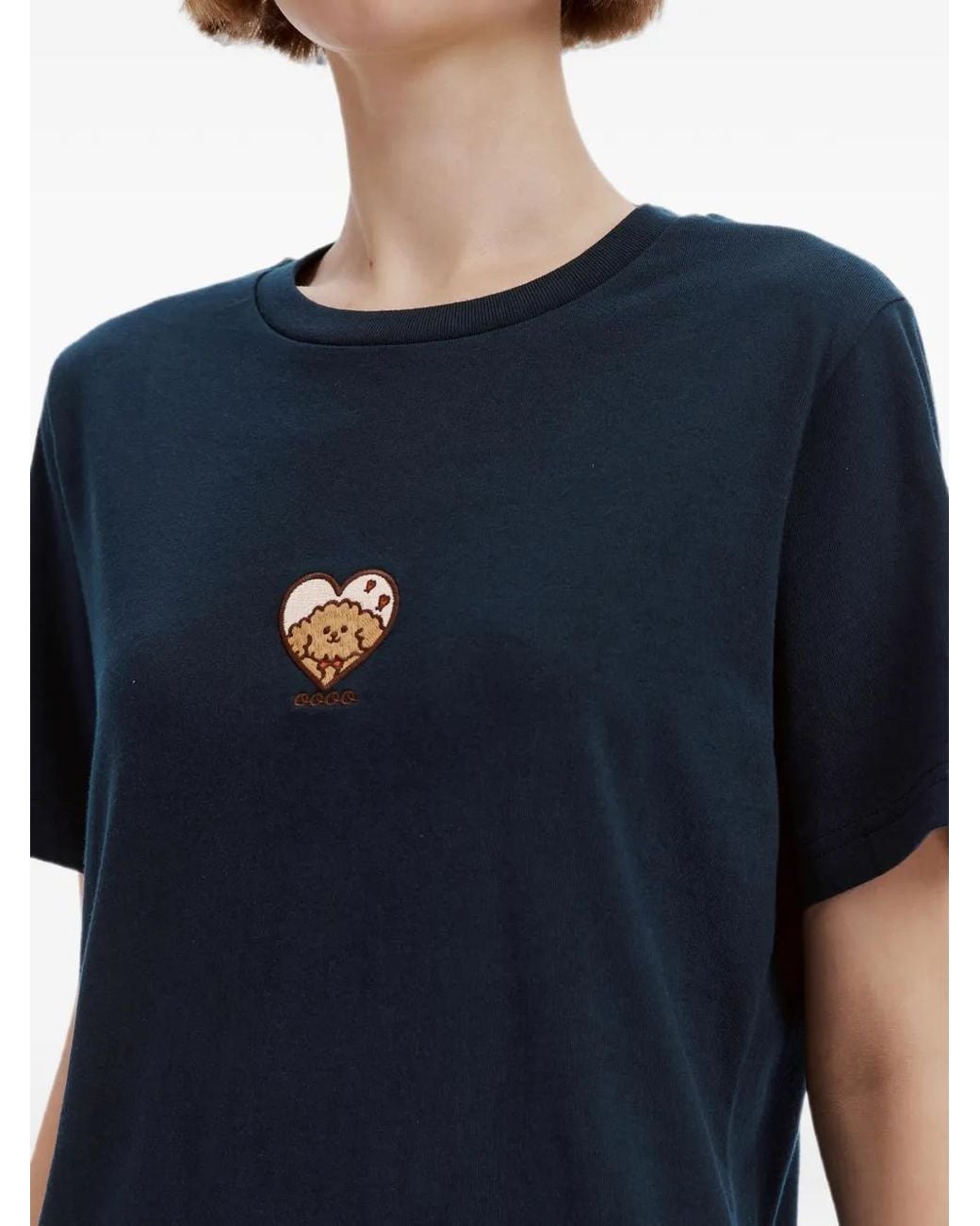 Chocoolate Blue Heart-Motif Embroidered T-Shirt