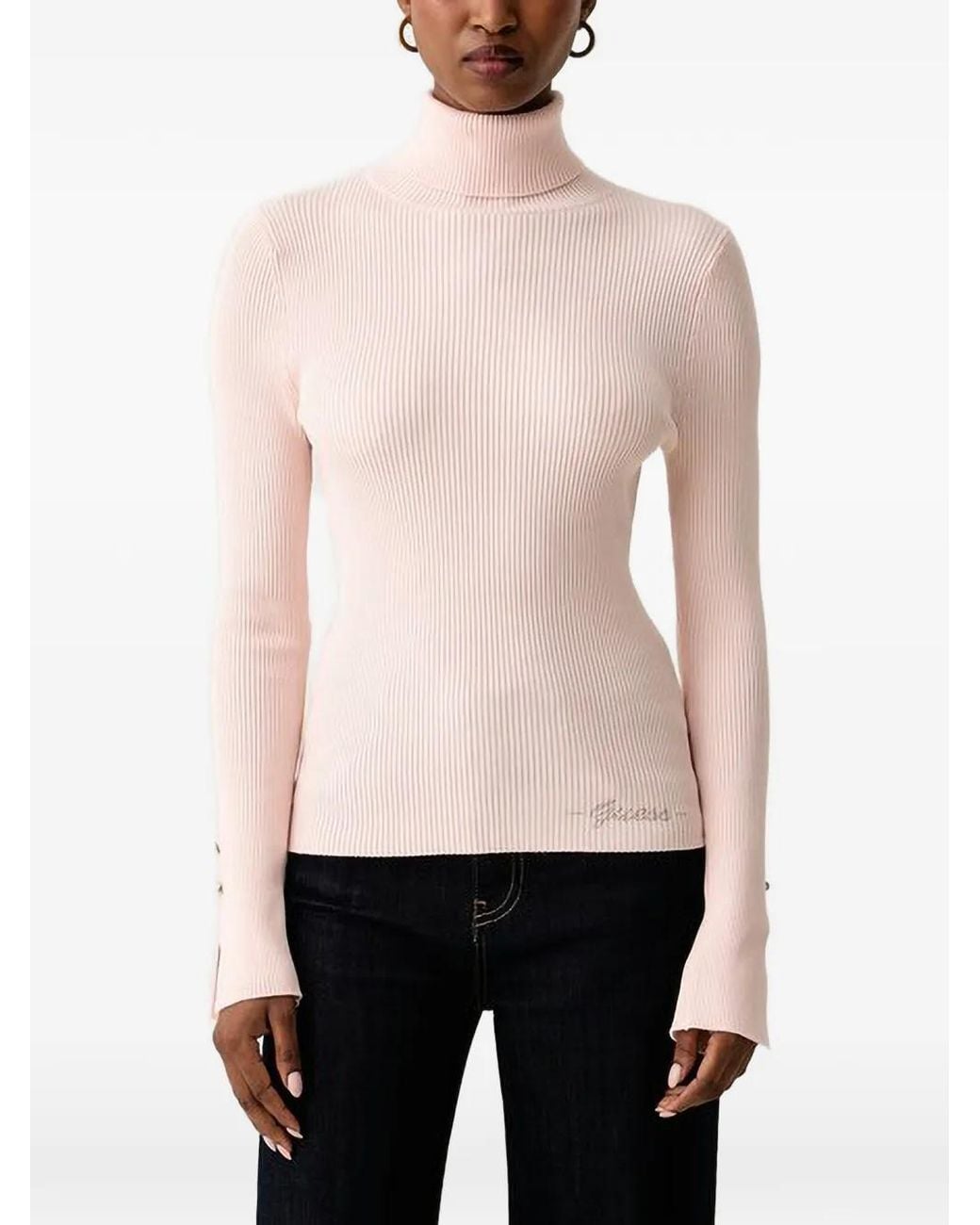 Guess Pink Ribbed-Knit Roll-Neck Sweater
