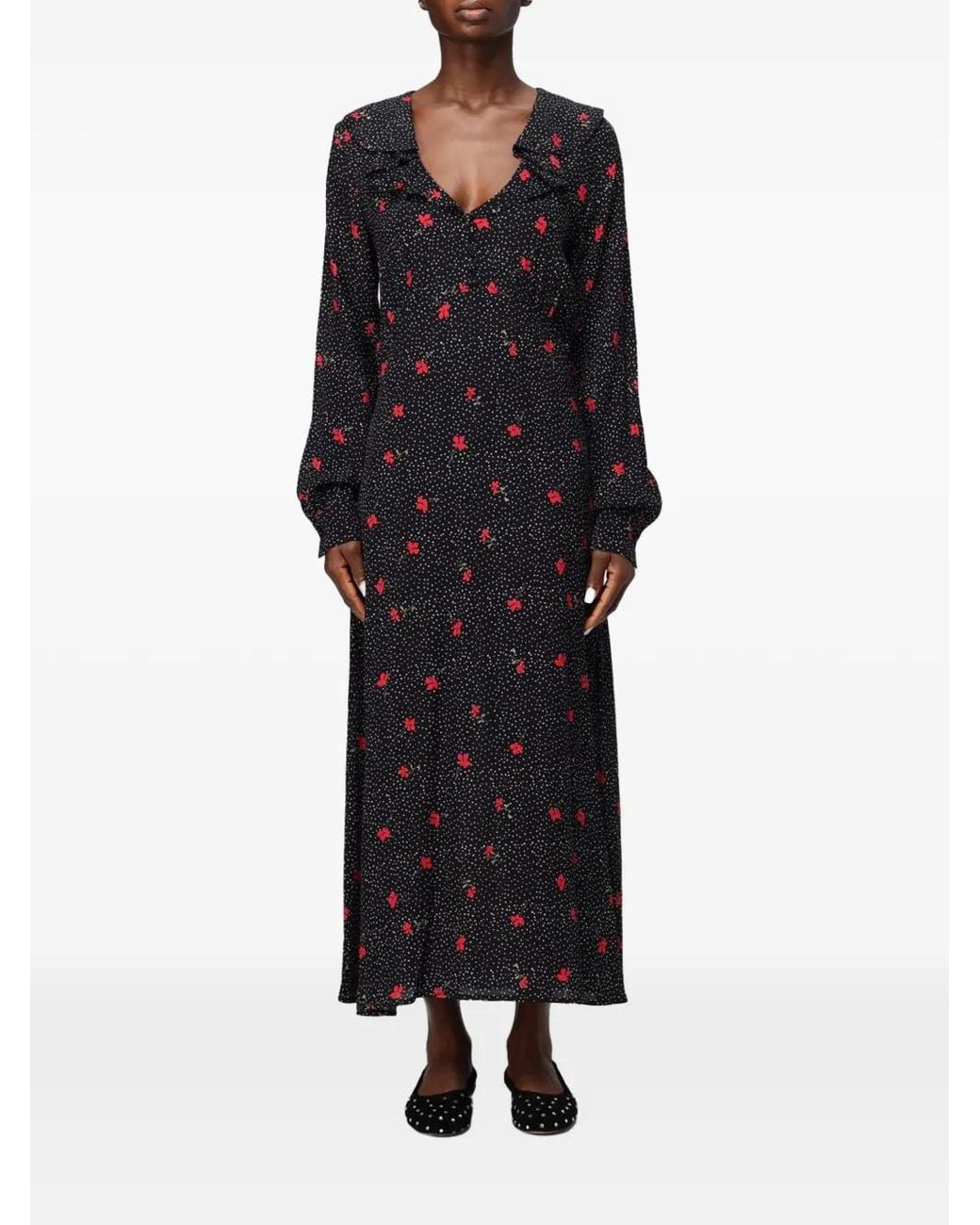 Mar De Margaritas Black Floral-Print Ruffled Maxi Dress
