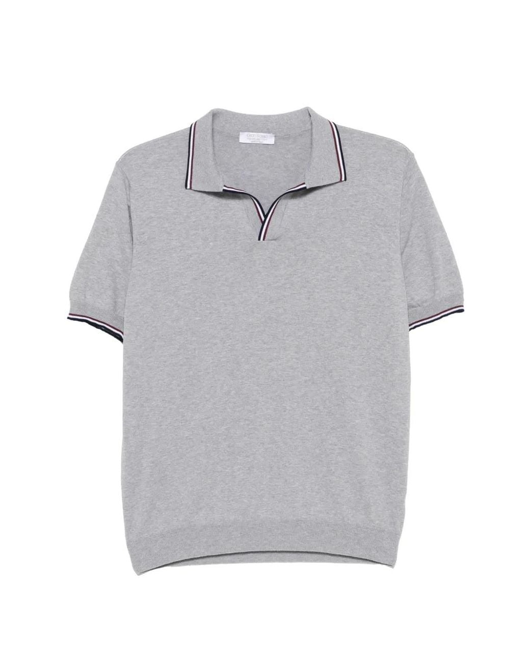 Gran Sasso Gray Stripe-Trim V-Neck Polo Shirt for men