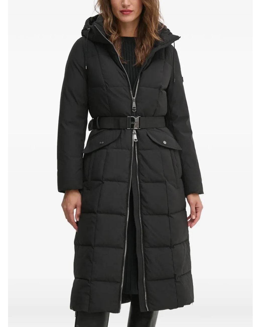 DKNY Black Belted Hooded Coat