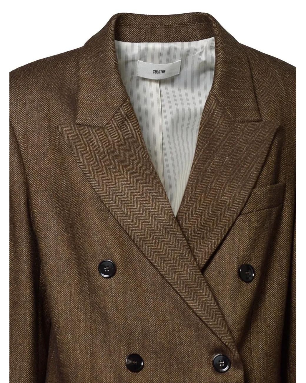 SOLOTRE Brown Herringbone Double-Breasted Blazer