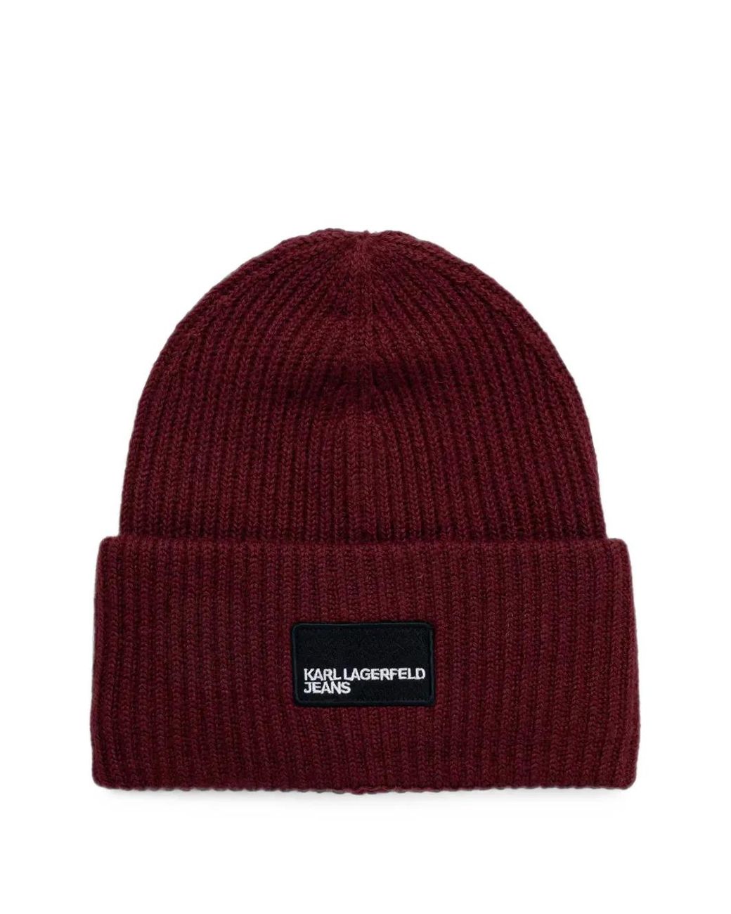 Karl Lagerfeld Red Logo-Patch Ribbed-Knit Beanie Hat