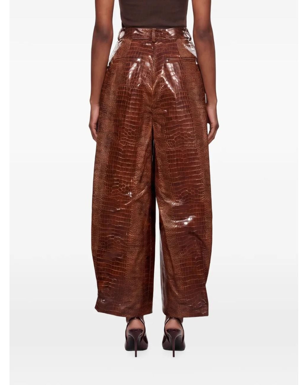 ROWEN ROSE Brown Pantalon Taille Haute À Effet Crocodile