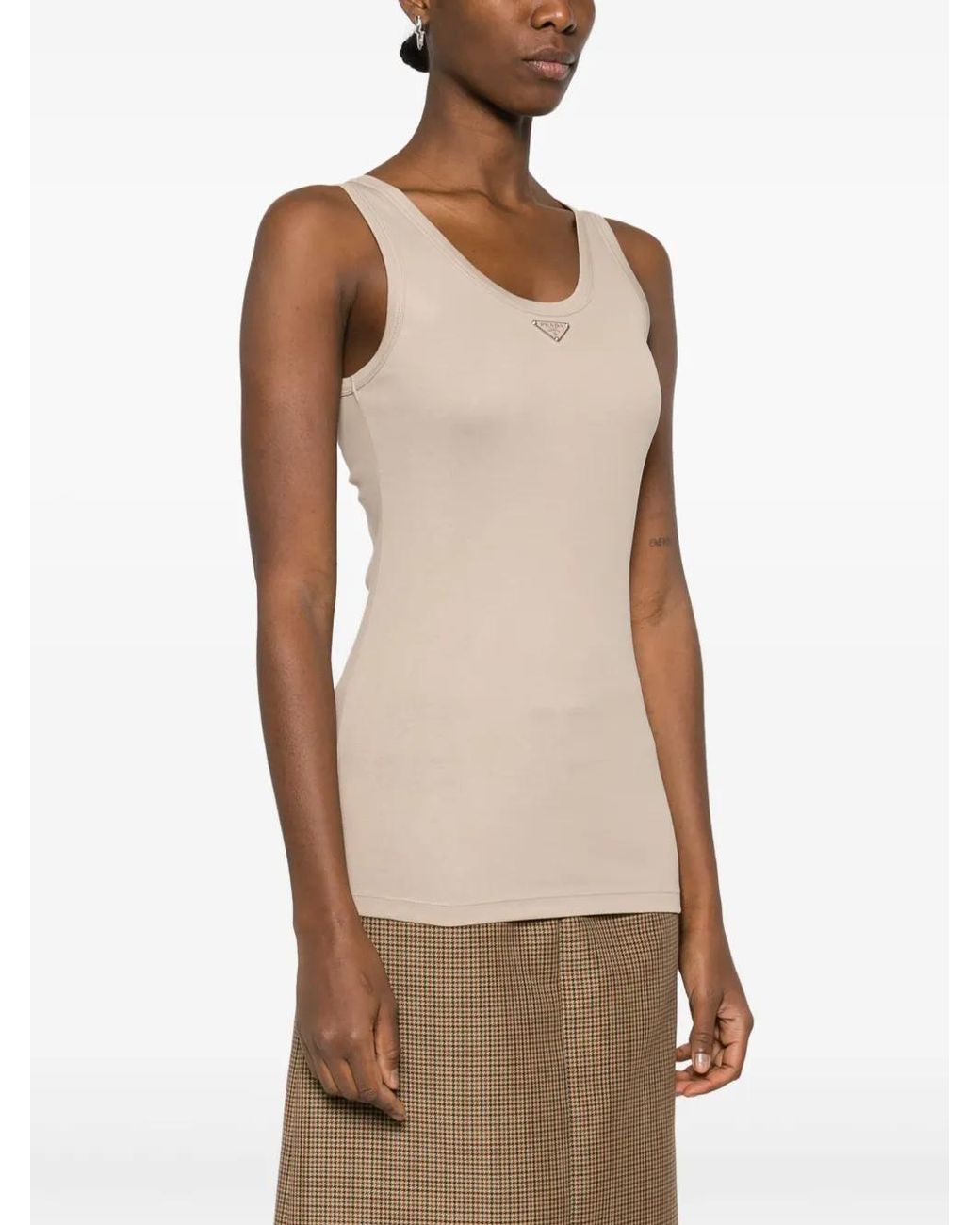 Prada Natural Triangle-logo Ribbed Tank Top