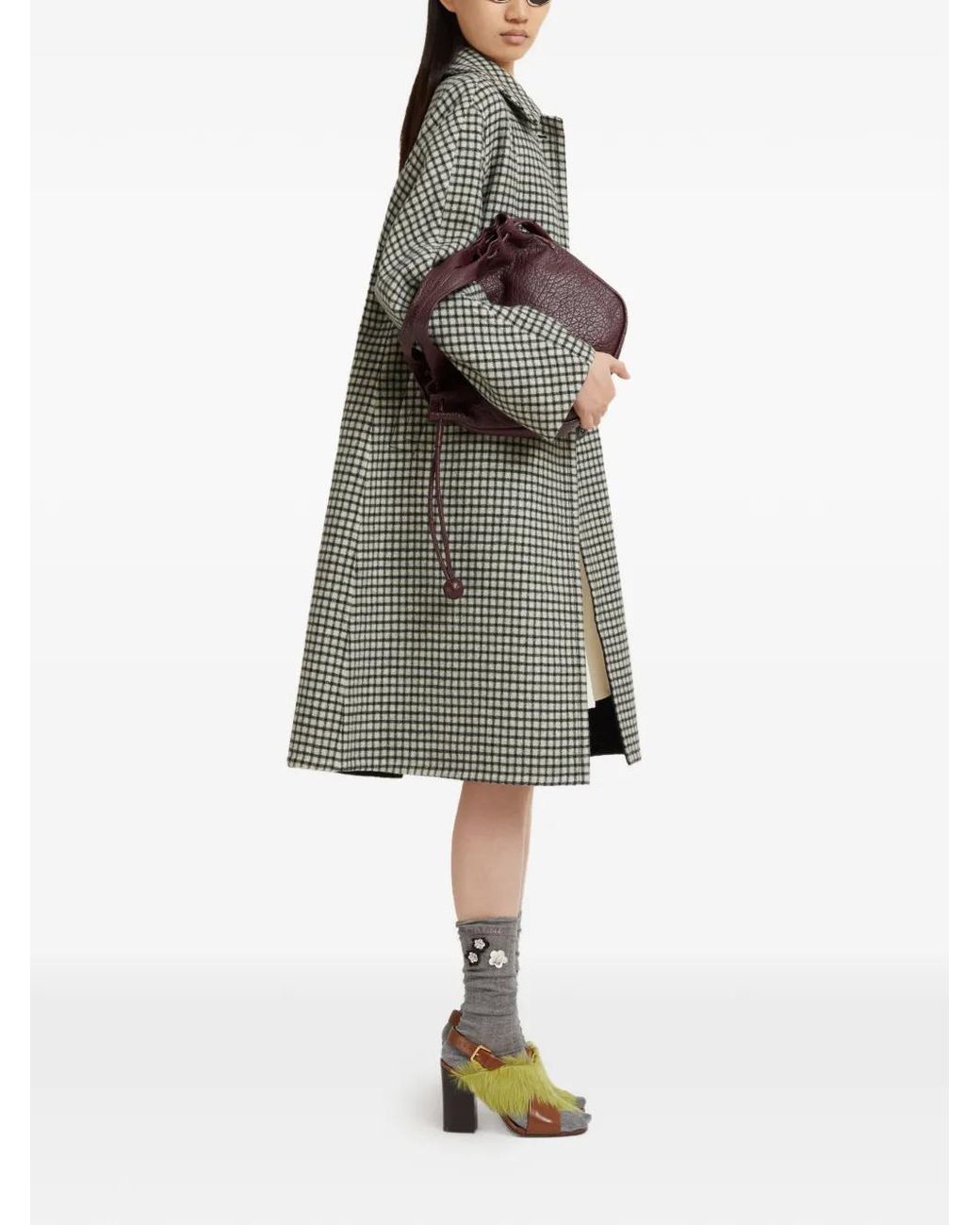 Marni Gray Felt Coat With Checked Pattern