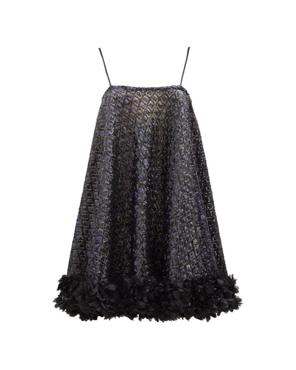Loretta Caponi Black Sequin-Embellished Floral-Appliqué Mini Dress
