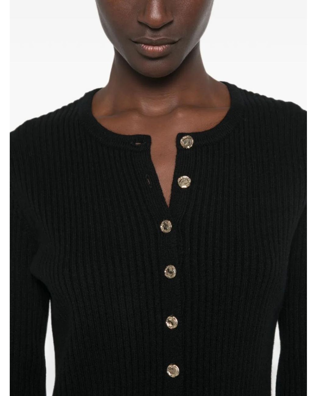 Allude Black Ribbed-Knit Button-Up Cardigan