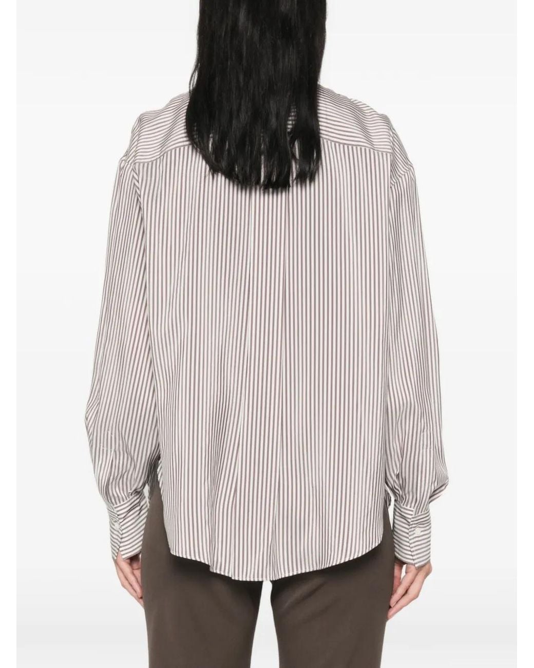 Brunello Cucinelli White Chemise En Soie À Rayures Et Détail Monili Signature
