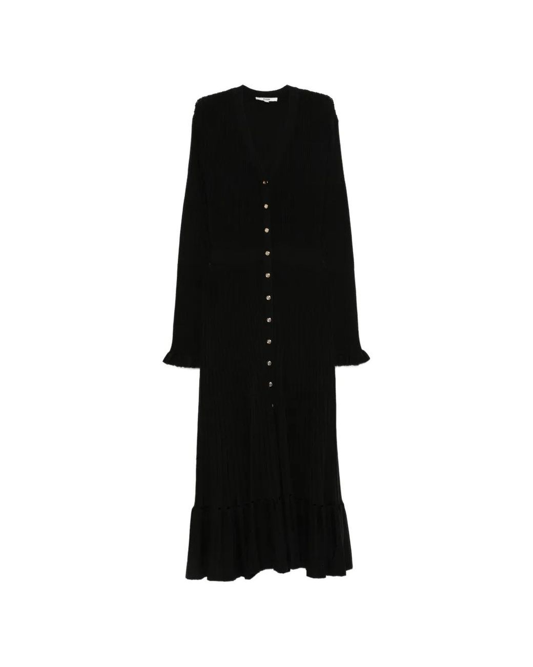 Maje Black Robe Mi-Longue En Maille Côtelée À Volants