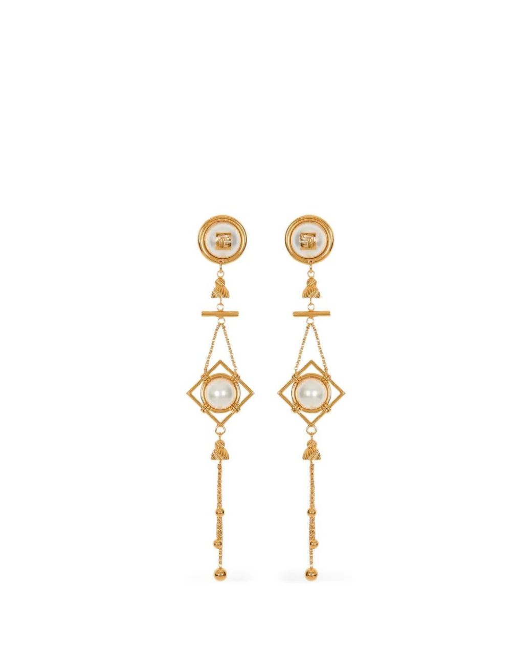 Balmain Metallic Brass And Pearl Pendant Earrings