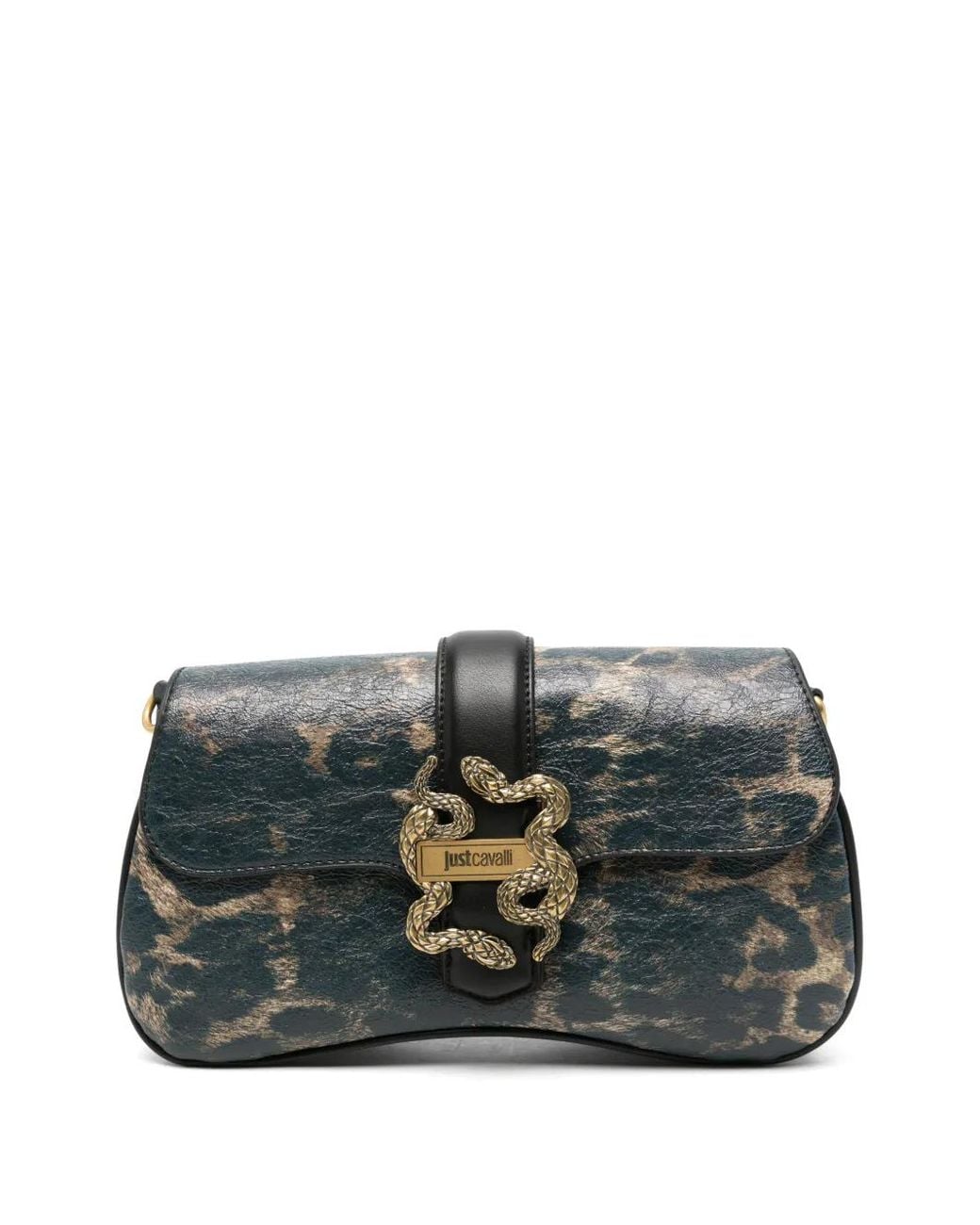 Just Cavalli Gray Athena Snake-Plaque Leopard-Print Shoulder Bag