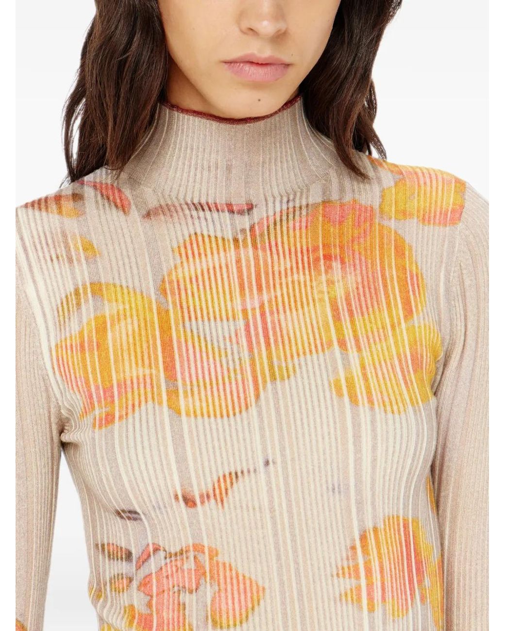 DIESEL White Ribbed Wool Turtleneck Top With Floral-Print