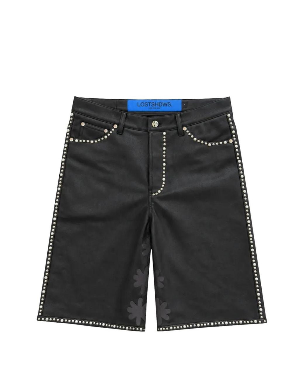 LOSTSHDWS Black Embellished Sun Logo Faux-Leather Shorts for men