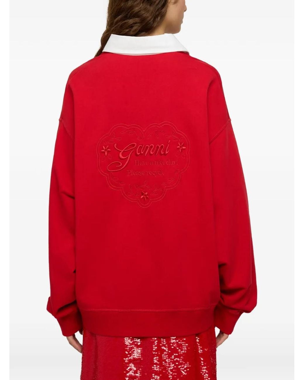 Ganni Red Polo Shirt With Heart Embroidery