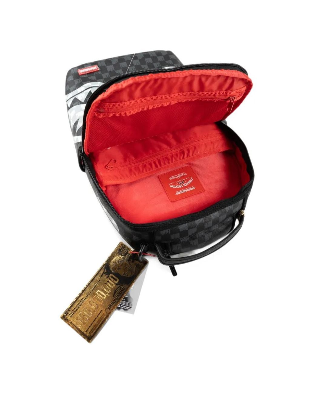 Sprayground Black Check-Pattern Shark-Print Backpack