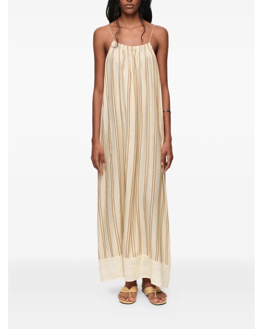 Bimba Y Lola Natural Sand Striped Linen Dress With Thin Straps