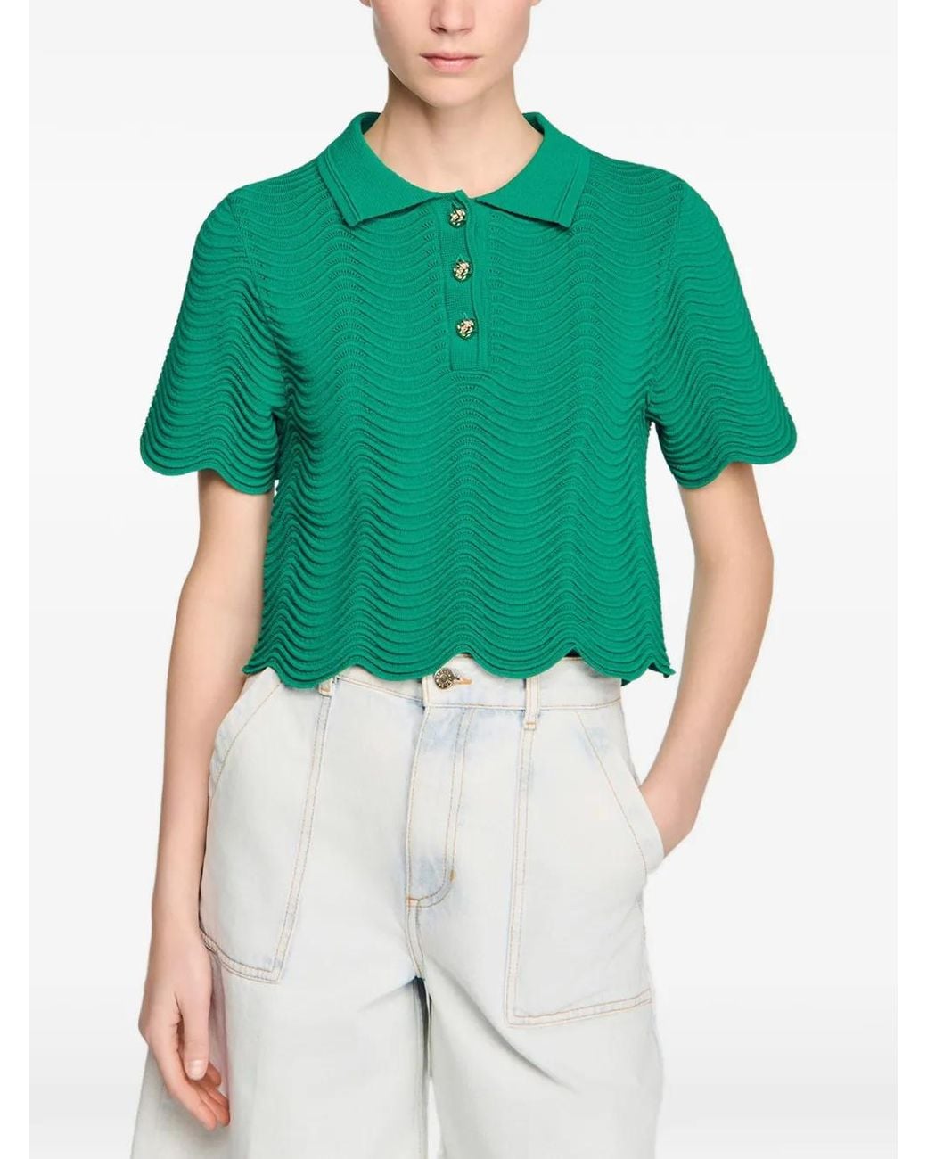 Sandro Green Decorative Knit Polo-Neck Sweater