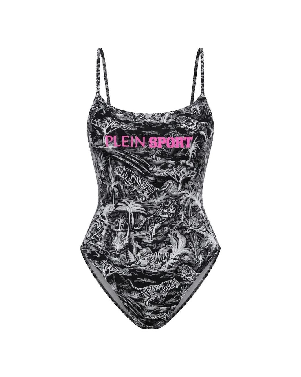 Philipp Plein Black Tiger-Print Logo-Print Swimsuit