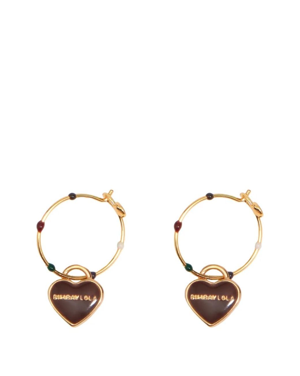 Bimba Y Lola Metallic Medium Hoop Earrings With Enamel Heart And Logo