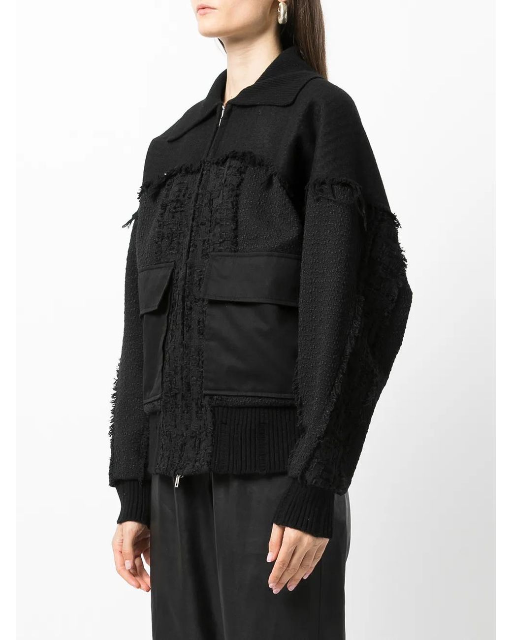 Goen.J Black Frayed Tweed Patchwork Bomber Jacket