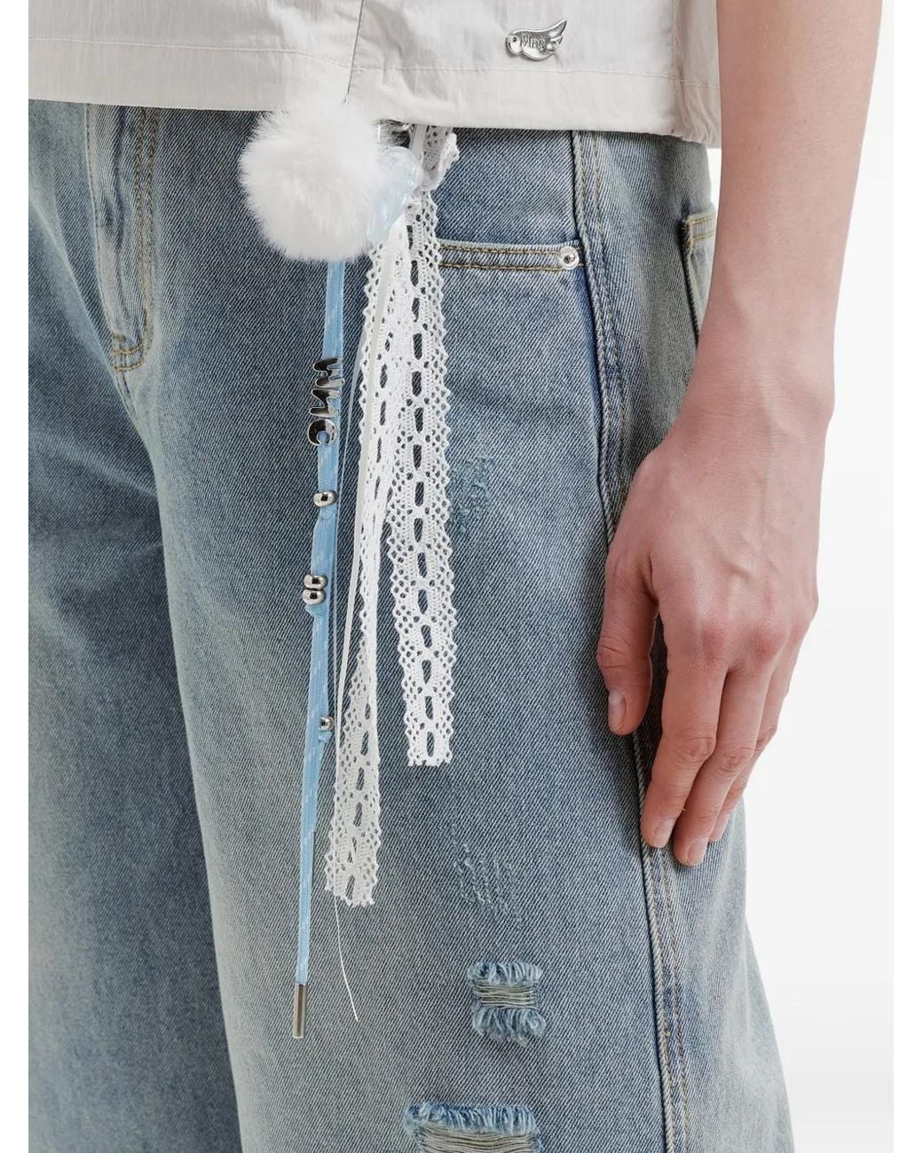Mini Cream Blue Distressed Raw-Edge Shorts