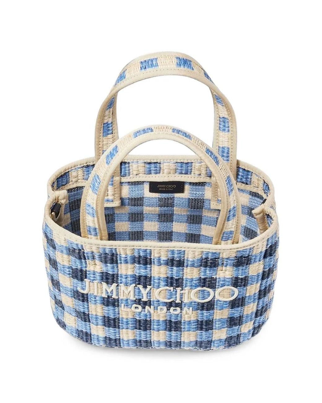Jimmy Choo Blue East-West Marine-Mix-And-Ecru Gingham Raffia Beach Tote Bag