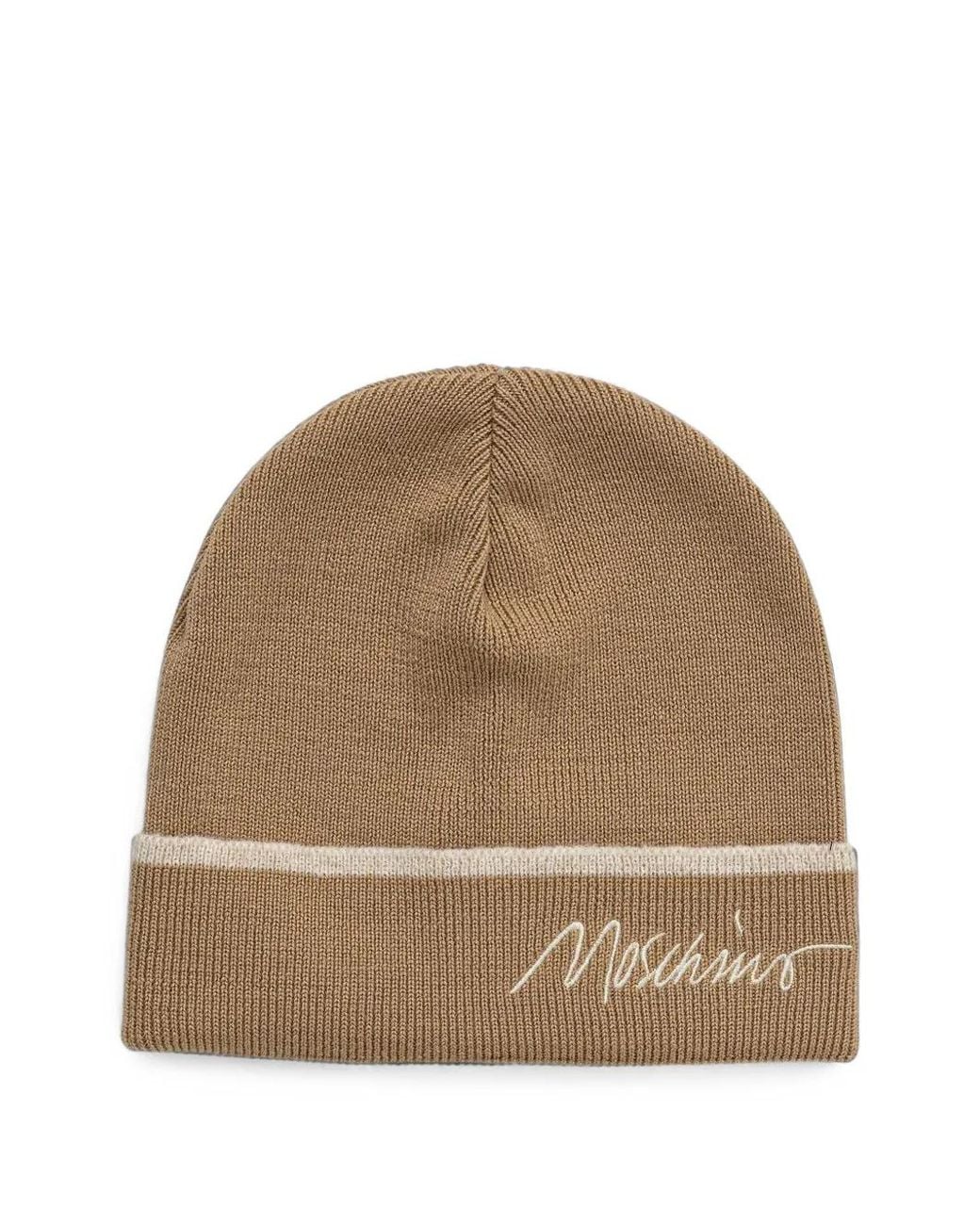 Moschino Natural Logo-Embroidered Stripe-Detail Beanie Hat