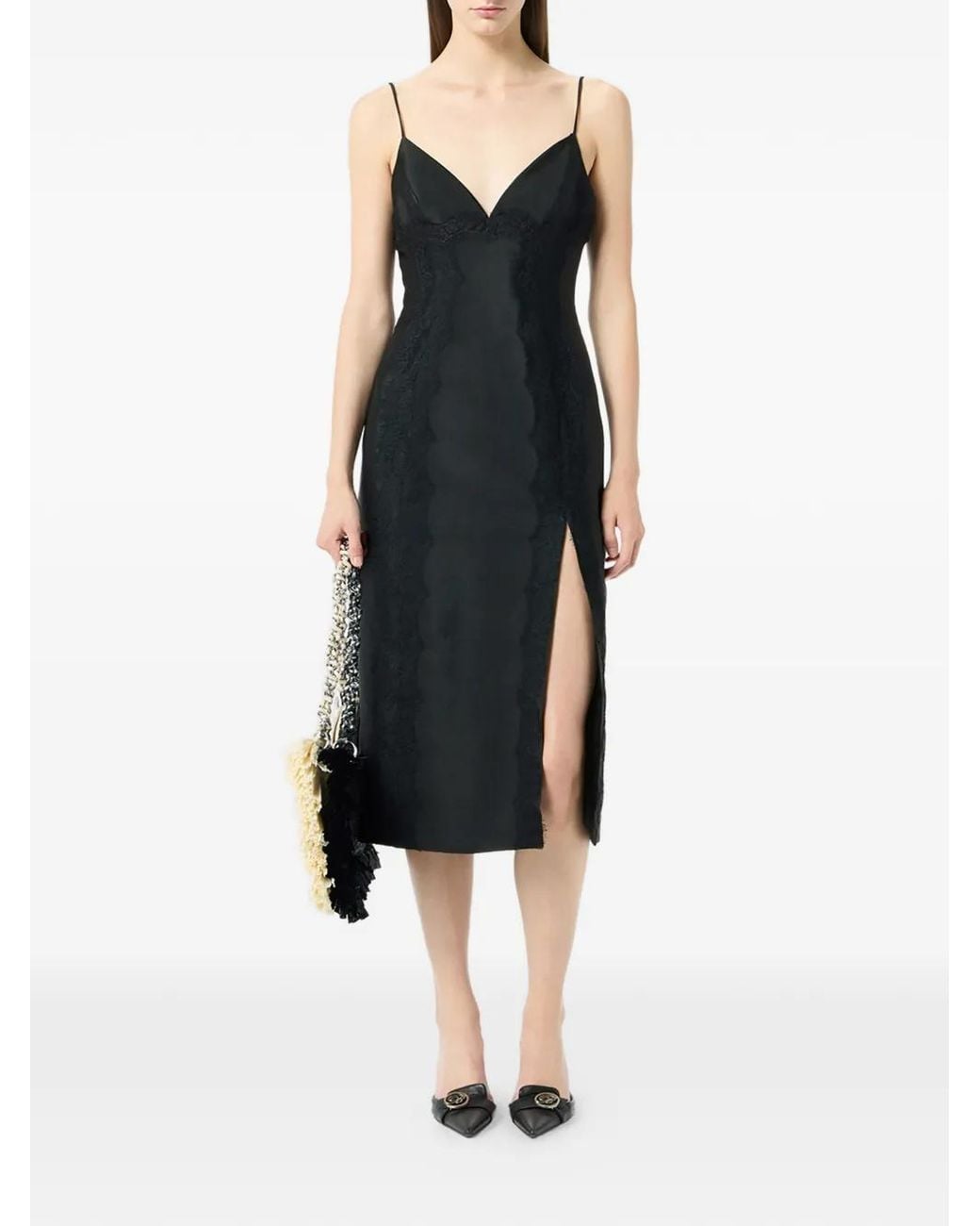 Blumarine Black Robe Mi-Longue Fendue À Détails En Dentelle
