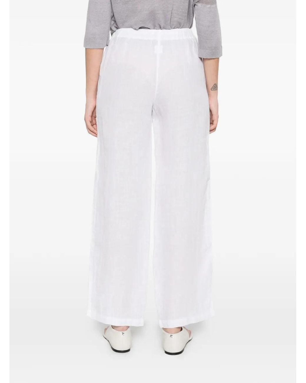 120% Lino White Drawstring Wide-Leg Trousers