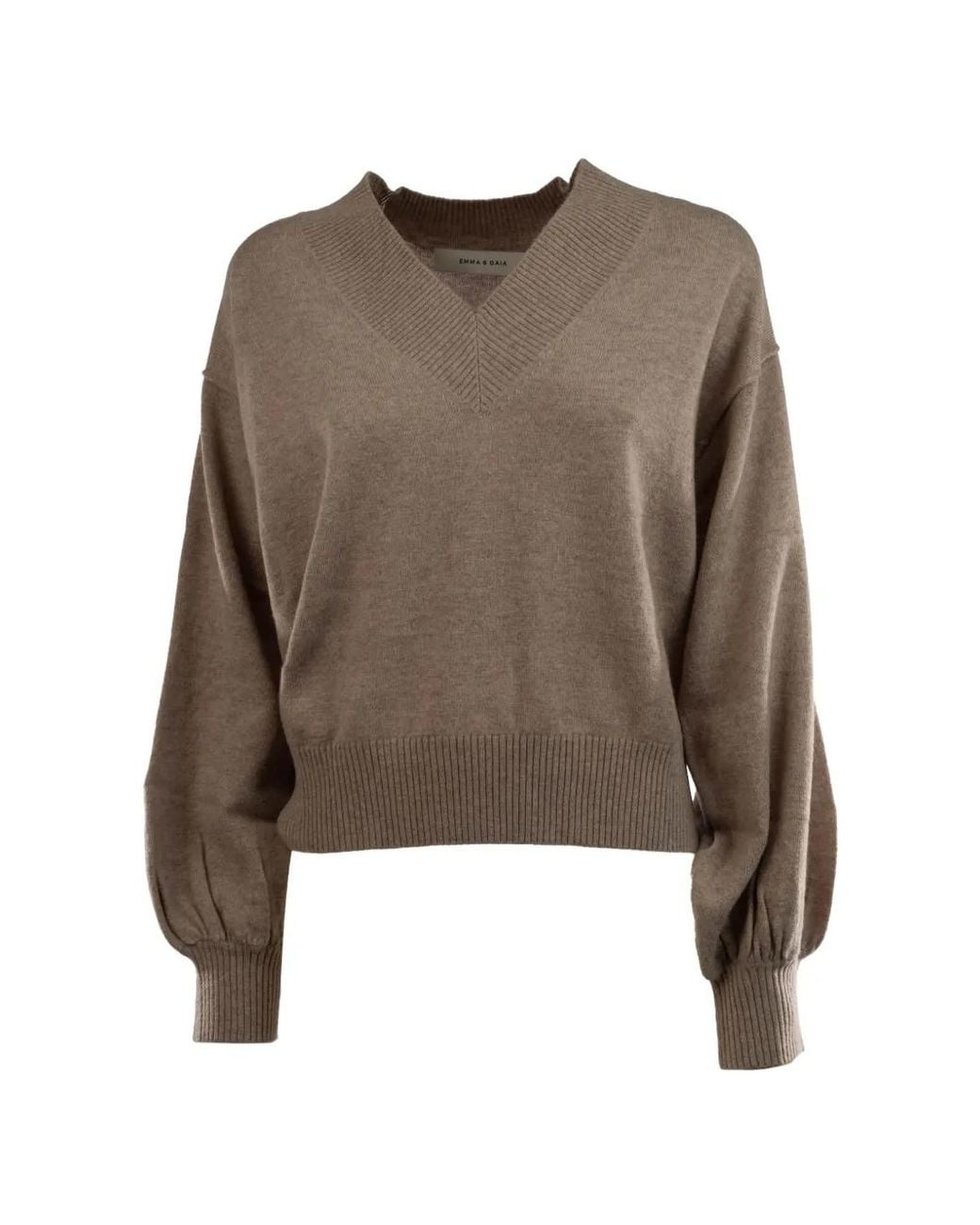 EMMA & GAIA Brown V-Neck Puff-Sleeve Sweater