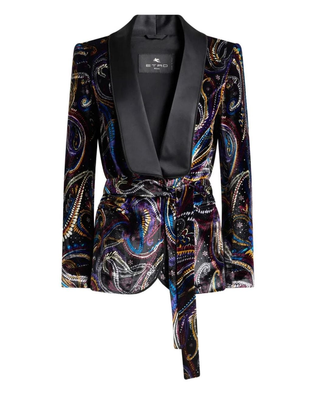 Etro Black Velvet Jacket With Belt And Paisley Foliage Motif