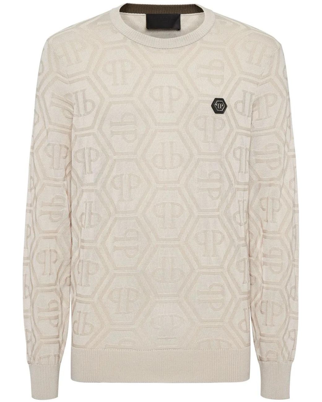 Philipp Plein Natural Jacquard Silk Wool Pullover Round Neck Ls Monogram for men
