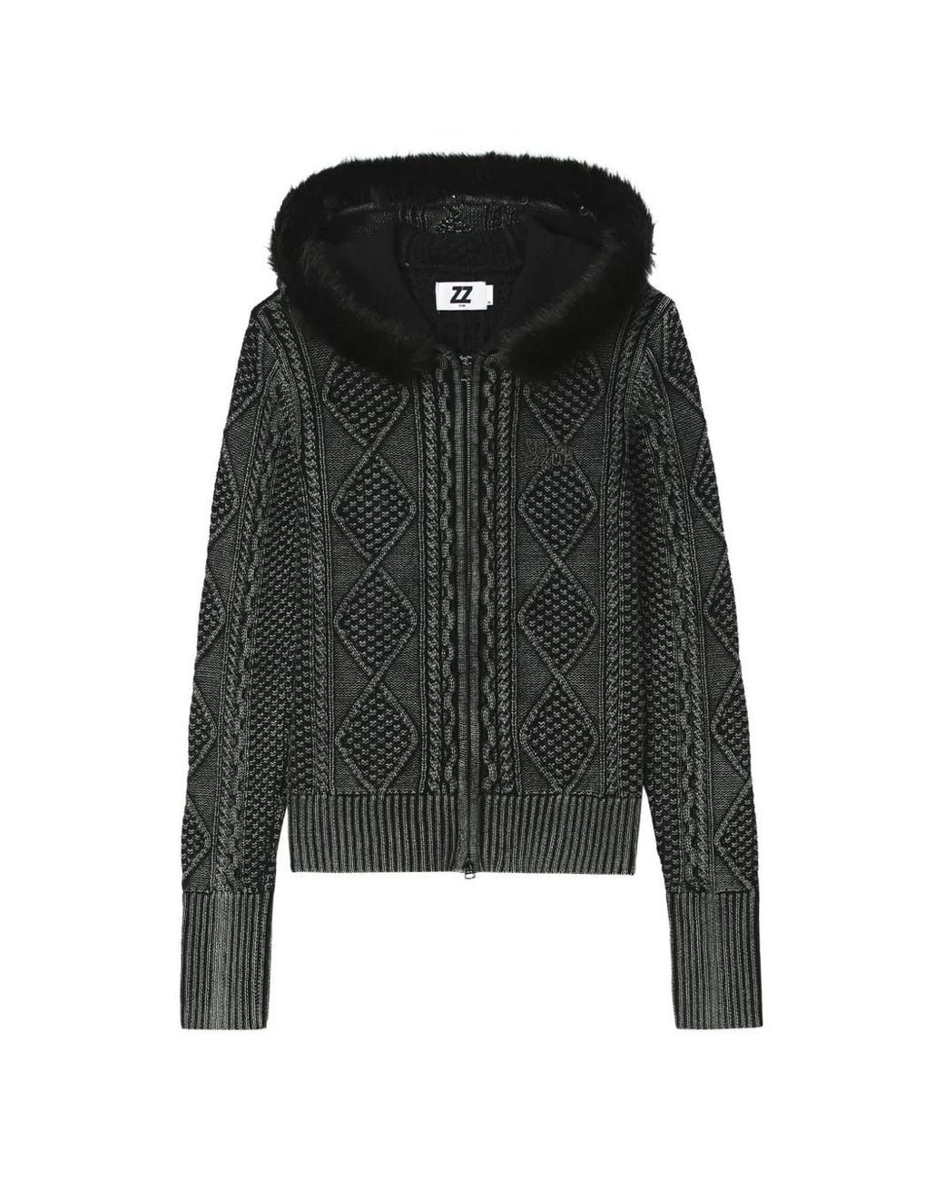 Izzue Black Cable-Knit Hooded Cardigan