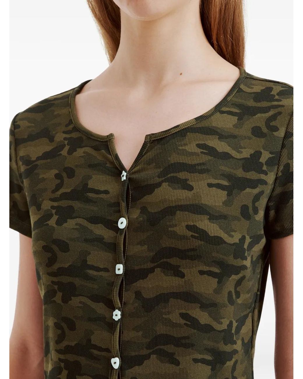 Mini Cream Green Camouflage-Print Button-Up T-Shirt