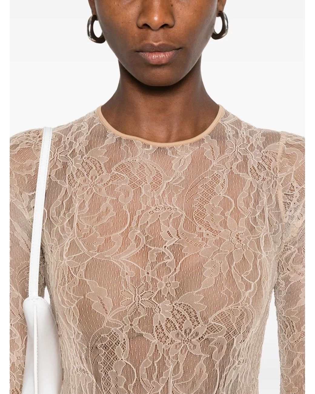 Wardrobe NYC Natural Lace Long-Sleeves Bodysuit