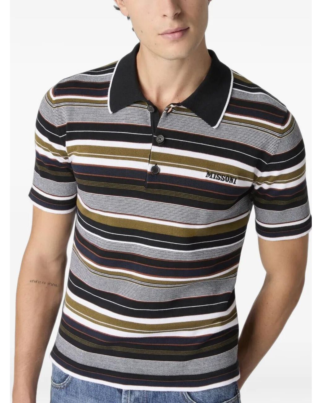 Missoni Black Striped Cotton Polo Shirt With Embroidered Logo Lettering for men