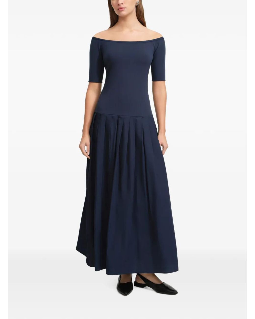 MARCELLA Blue Mila Off-Shoulder Pleated Maxi Dress